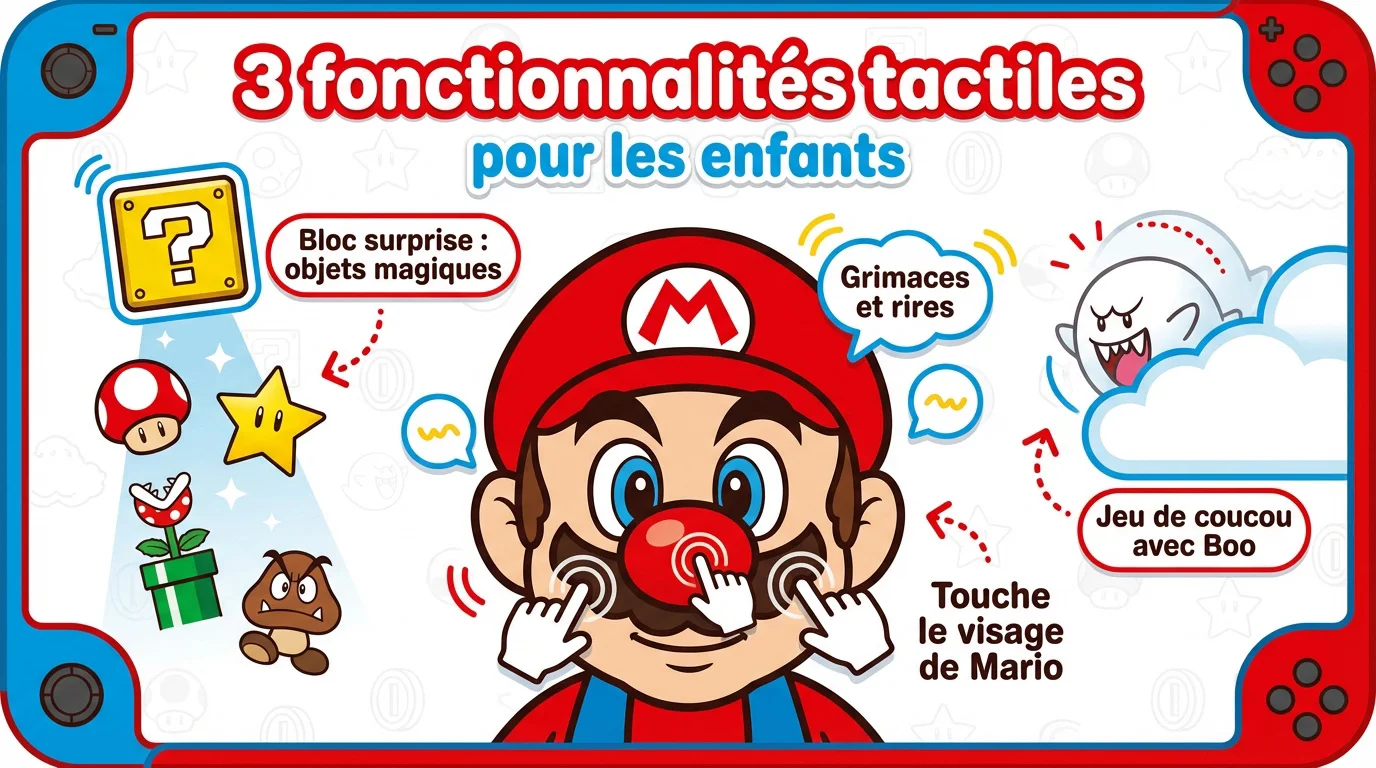 Enfant jouant à Hello Mario sur l'écran tactile de la console Nintendo Switch