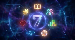 Image numérique du chiffre 7 lumineux entouré de sept icônes de jeu colorées (puzzle, cœur, fusil, livre, joueurs, blocs, orbe) sur fond spatial futuriste.