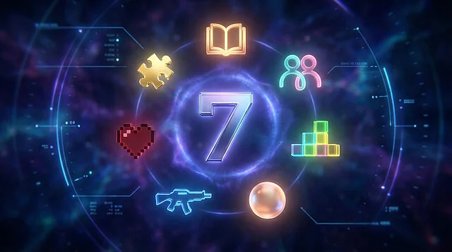 Sept titres gratuits Steam Image numérique du chiffre 7 lumineux entouré de sept icônes de jeu colorées (puzzle, cœur, fusil, livre, joueurs, blocs, orbe) sur fond spatial futuriste.