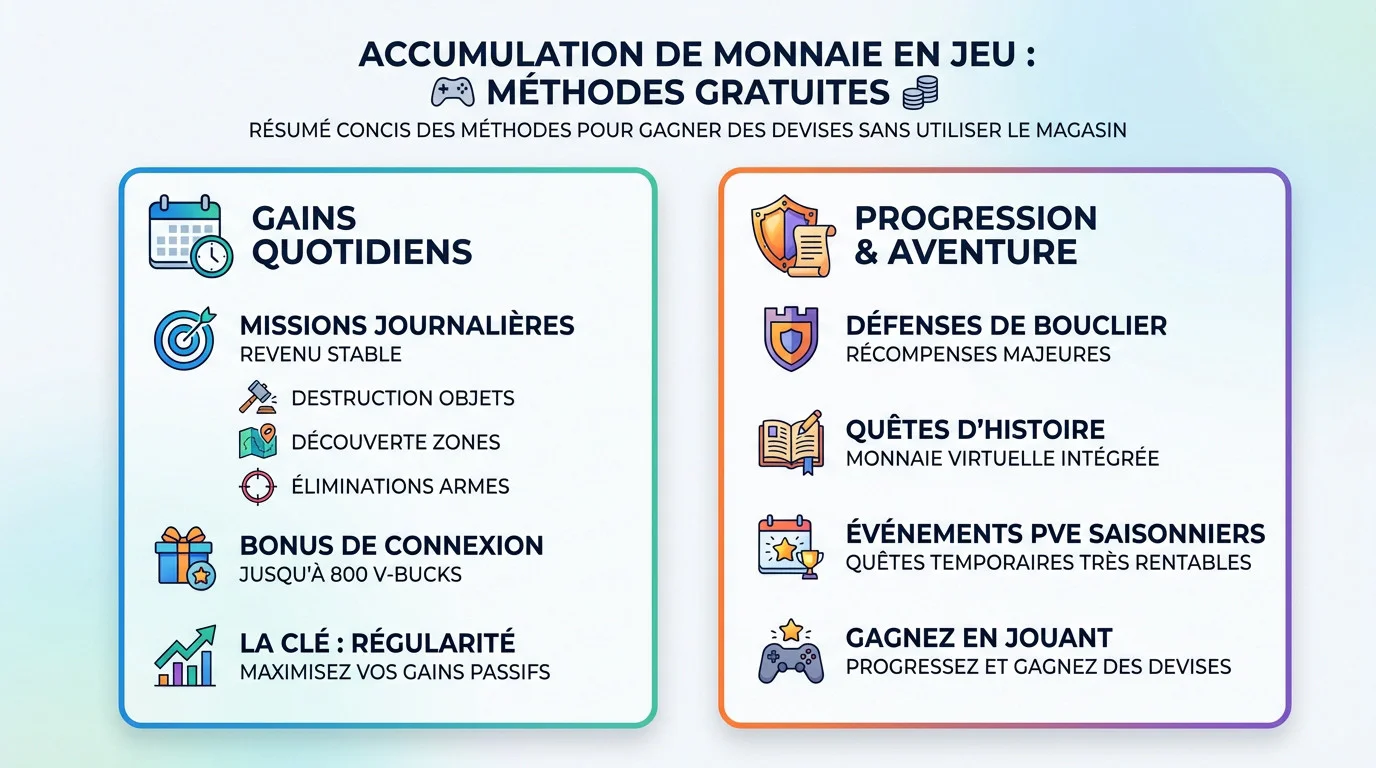 Joueur de Fortnite accumulant des V-Bucks gratuitement dans le mode Sauver le Monde
