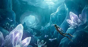 Explorer in futuristic suit dives through an icy alien underwater cave with glowing flora, fauna, and massive formations. A cavern entrance is softly lit.
