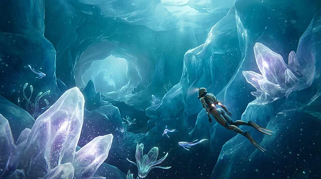 Explorer in futuristic suit dives through an icy alien underwater cave with glowing flora, fauna, and massive formations. A cavern entrance is softly lit.