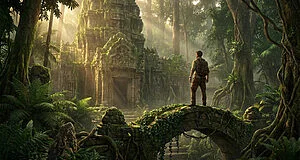 Male adventurer on mossy bridge overlooking an ancient, overgrown jungle temple. Dappled sunlight filters through the dense canopy.
