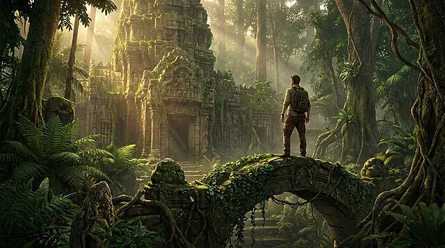 Male adventurer on mossy bridge overlooking an ancient, overgrown jungle temple. Dappled sunlight filters through the dense canopy.