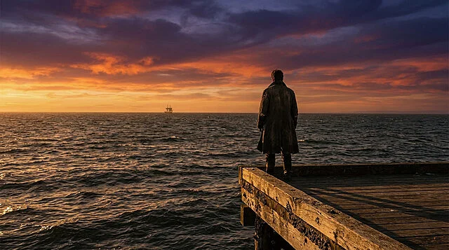 Anticipation at Sunset Figure on a weathered pier looking at a vast, turbulent ocean under a dramatic orange and purple sunset sky, with a distant sailing ship.