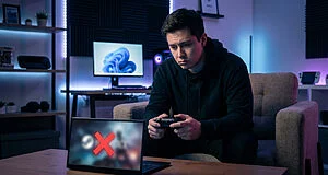 Disappointed gamer holding controller, gazing at laptop screen showing a red 'X' over a game icon in a cool-toned gaming room.