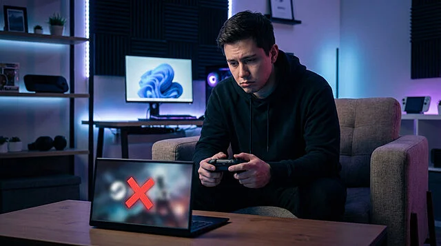Anticipation Crushed: The Gamer's Disappointment Disappointed gamer holding controller, gazing at laptop screen showing a red 'X' over a game icon in a cool-toned gaming room.