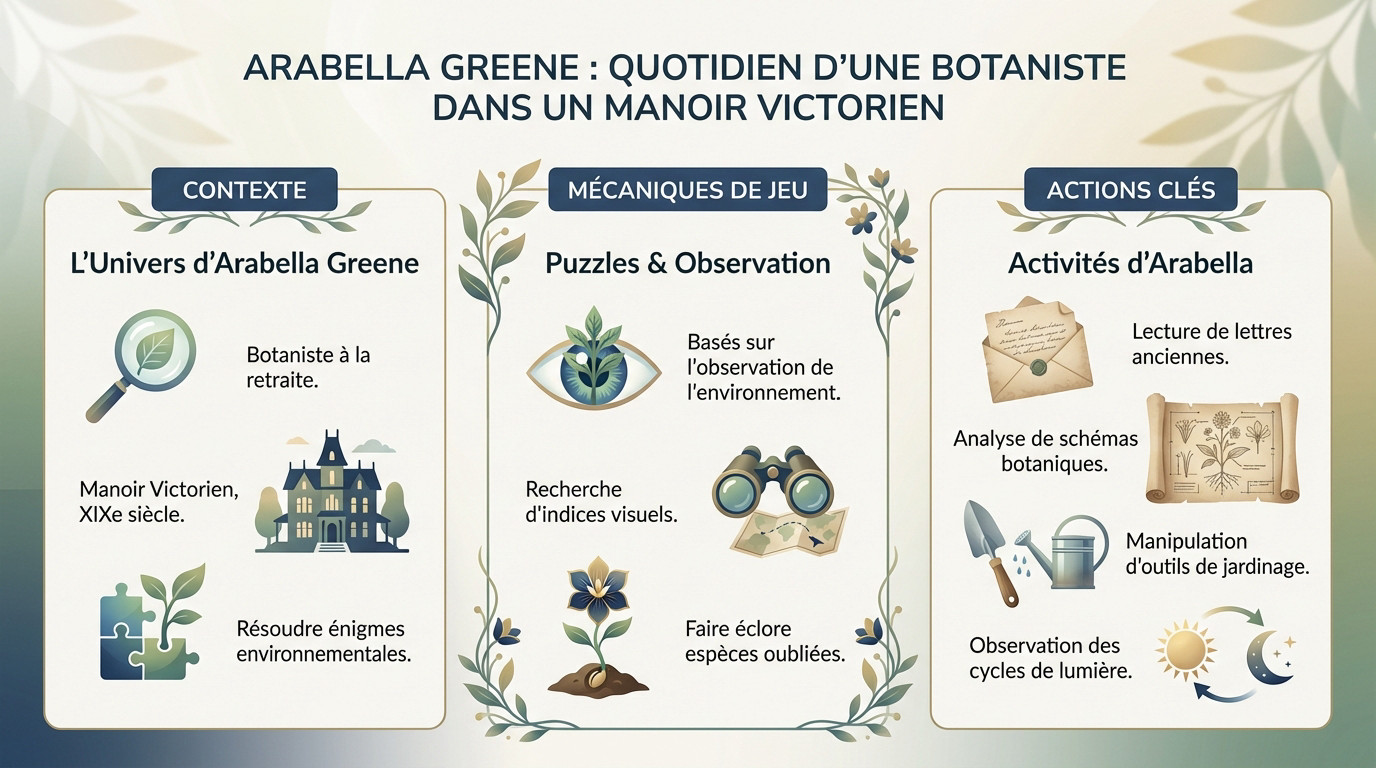 Arabella Greene au travail dans son manoir victorien, entourée de plantes rares et d'outils de botanique