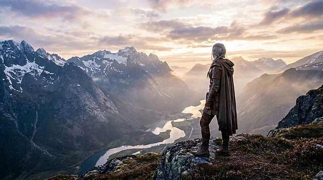 L'Aube sur Kovir: Ciri contemple les montagnes Ciri, de dos, sur une crête rocheuse, contemplant une vaste chaîne de montagnes enneigées et une rivière à l'aube.