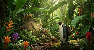 Pingouin explorateur avec sac à dos sur une bûche dans une jungle tropicale luxuriante, près d'une horloge de pierre.