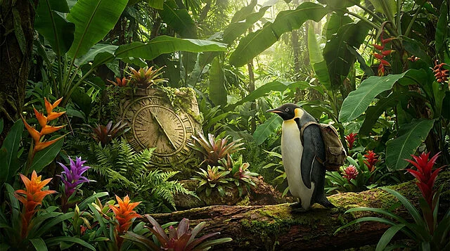 Blemo : Le pingouin et l'horloge oubliée de la jungle Pingouin explorateur avec sac à dos sur une bûche dans une jungle tropicale luxuriante, près d'une horloge de pierre.