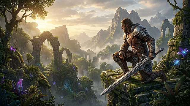 Chasseur au lever du soleil dans un monde oublié Guerrier en armure, épée à la main, s'agenouille sur une corniche, observant des ruines antiques et montagnes brumeuses au lever du soleil.