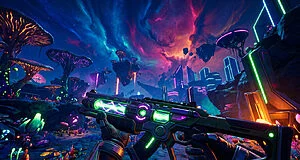 Vue subjective d'un FPS vibrant. Un joueur tient une arme néon futuriste sur une planète alien aux champignons géants, îles flottantes et ciel cosmique.