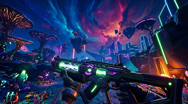 High on Life : Scène d'un monde alien déjanté Vue subjective d'un FPS vibrant. Un joueur tient une arme néon futuriste sur une planète alien aux champignons géants, îles flottantes et ciel cosmique.