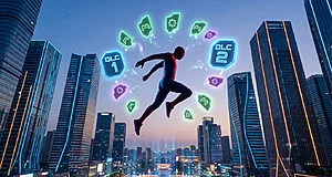 Spider-Man bondissant au-dessus d'une ville futuriste illuminée, entouré d'icônes lumineuses de DLC, paramètres et manettes.