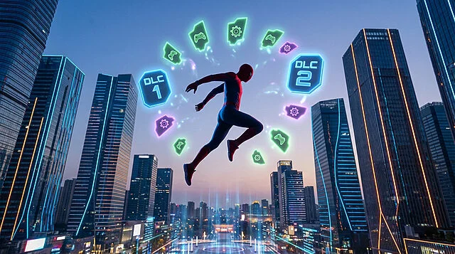 PlayStation Plus Février : Spider-Man et DLCs Spider-Man bondissant au-dessus d'une ville futuriste illuminée, entouré d'icônes lumineuses de DLC, paramètres et manettes.