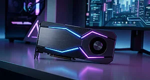 Une carte graphique GeForce RTX illuminée en bleu et violet, posée sur un bureau, avec un PC gaming et un écran futuriste en arrière-plan.