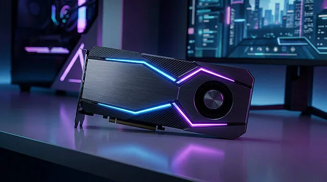 Découvrez la puissance GeForce RTX série 50 Une carte graphique GeForce RTX illuminée en bleu et violet, posée sur un bureau, avec un PC gaming et un écran futuriste en arrière-plan.