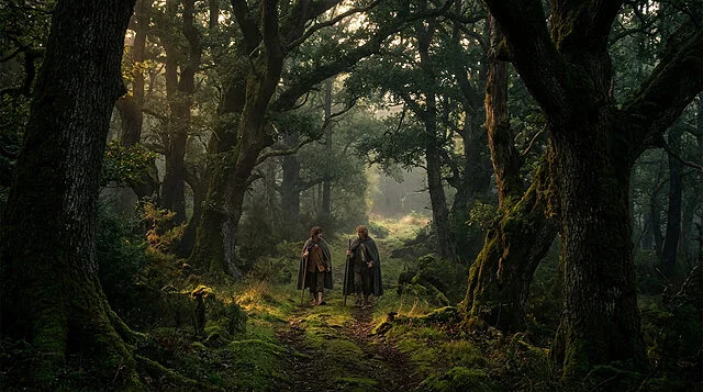 Deux petites figures capuchonnées marchent sur un sentier mousseux à travers une forêt dense et ancienne, baignée d'une lumière dorée.