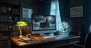 A computer monitor in a dimly lit, vintage study shows gothic mansion art. A glowing 'Free Download' icon suggests classic games.
