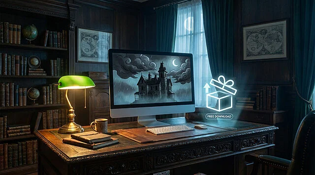 Classic Games: Free Download in an Atmospheric Study A computer monitor in a dimly lit, vintage study shows gothic mansion art. A glowing 'Free Download' icon suggests classic games.