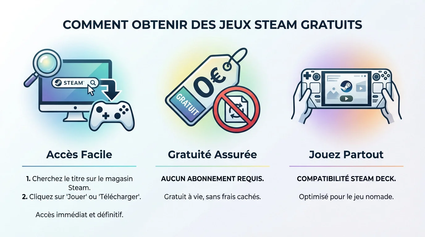 Interface Steam montrant la procédure pour télécharger des jeux gratuits
