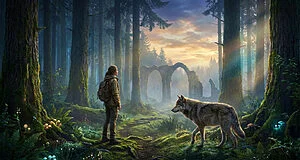 Jeune femme et loup gris dans une forêt mystérieuse. Ruines anciennes et rayons de soleil créent une ambiance onirique.