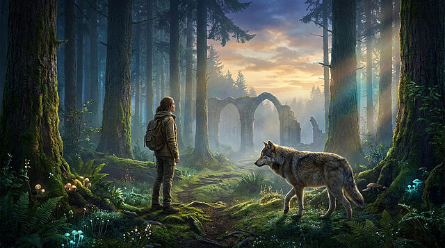 Neva : L'aventure d'une femme et son loup Jeune femme et loup gris dans une forêt mystérieuse. Ruines anciennes et rayons de soleil créent une ambiance onirique.
