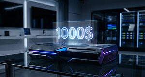 Steam Machine futuriste avec des lumières bleues et violettes, affichant 1000$ en hologramme sur une table en verre.
