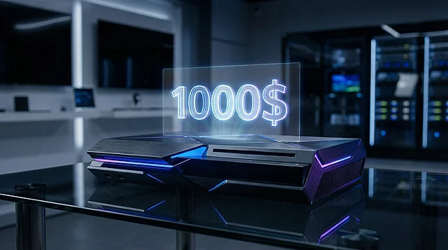 Valve et le prix de 1000$ pour la Steam Machine Steam Machine futuriste avec des lumières bleues et violettes, affichant 1000$ en hologramme sur une table en verre.