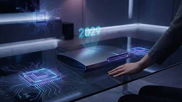PS6 Concept : Attente jusqu'en 2029 Console PS6 futuriste sur table en verre avec des hologrammes de circuits brillants et l'année 2029. Une main à côté.