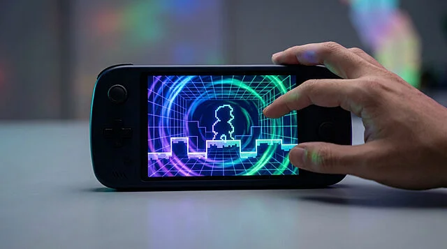 Gros plan sur une console portable noire, une main touche l'écran affichant un jeu pixelisé avec un personnage et un fond néon en spirale.