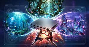 A futuristic console bursts with four vibrant game worlds: fighting, underwater, sci-fi city, and fantasy forest, linked by glowing trails.