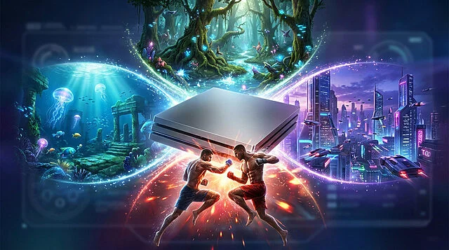Console Unleashing Diverse Gaming Universes A futuristic console bursts with four vibrant game worlds: fighting, underwater, sci-fi city, and fantasy forest, linked by glowing trails.