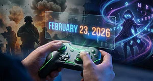 Mains jouant avec une manette Xbox, affichant une date holographique "FEBRUARY 23, 2026", sur fond de jeux FPS et RPG.