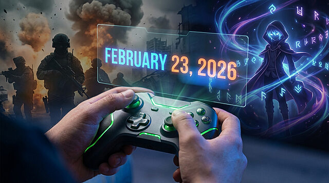 Mains jouant avec une manette Xbox, affichant une date holographique "FEBRUARY 23, 2026", sur fond de jeux FPS et RPG.