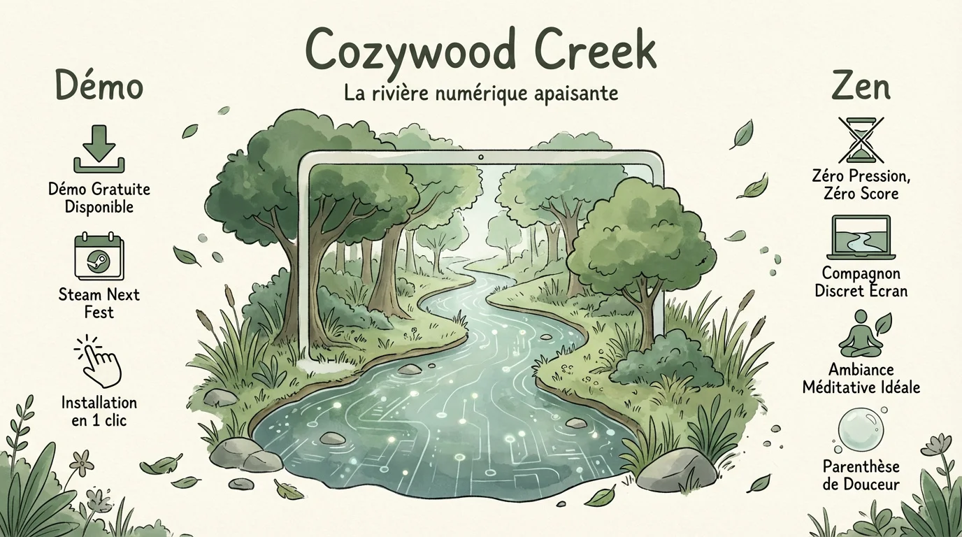 Le jeu Cozywood Creek affichant une rivière paisible au bas d'un écran de PC