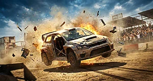 Voiture de rallye endommagée en vol, au milieu d'une explosion avec flammes et débris, foule de spectateurs en fond.