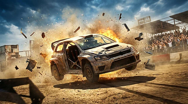 Flatout 4 : Crash explosif en pleine course Voiture de rallye endommagée en vol, au milieu d'une explosion avec flammes et débris, foule de spectateurs en fond.