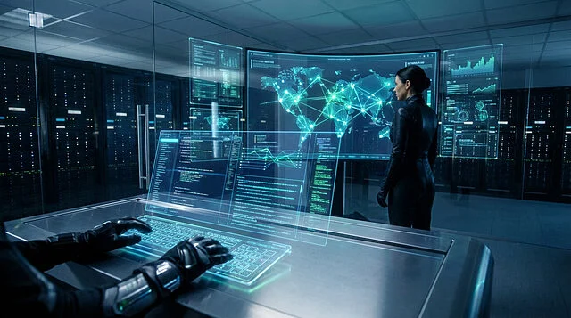 High-tech control room: gloved hands on a glowing holographic keyboard, person views a world network map on a large screen.