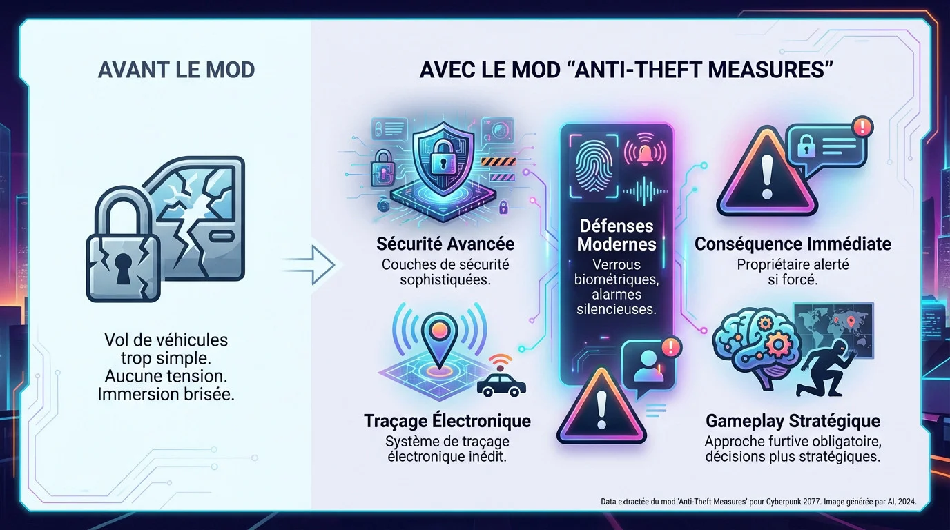 Comparaison du système de vol de voiture dans Cyberpunk 2077 avec le mod Anti-Theft Measures