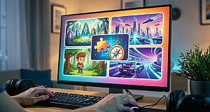 Personne jouant à l'ordinateur, affichant un écran avec plusieurs jeux colorés de genres variés : aventure, course, puzzle, science-fiction.