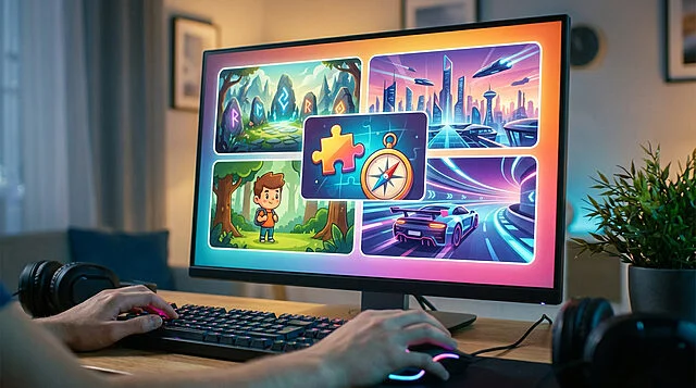 Diversité des jeux vidéo sur écran d'ordinateur Personne jouant à l'ordinateur, affichant un écran avec plusieurs jeux colorés de genres variés : aventure, course, puzzle, science-fiction.