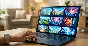 Main utilisant un ordinateur portable affichant une grille de captures d'écran de jeux vidéo stylisées dans un salon lumineux.