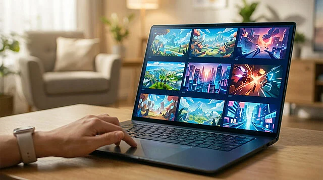 Visualisation de captures de jeux vidéo sur PC Main utilisant un ordinateur portable affichant une grille de captures d'écran de jeux vidéo stylisées dans un salon lumineux.
