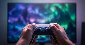 Deux mains tiennent une manette PlayStation 5 blanche lumineuse devant un écran TV flou aux couleurs vives (bleu, violet, vert).