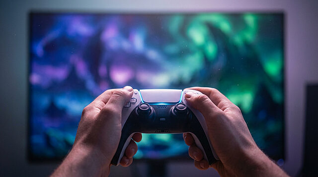 Jouez aux démos PS5 avec la manette DualSense Deux mains tiennent une manette PlayStation 5 blanche lumineuse devant un écran TV flou aux couleurs vives (bleu, violet, vert).