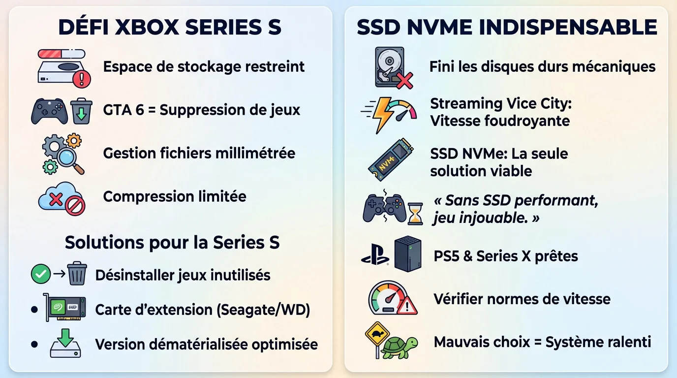 Comparaison du stockage Xbox Series S face aux exigences SSD de GTA 6