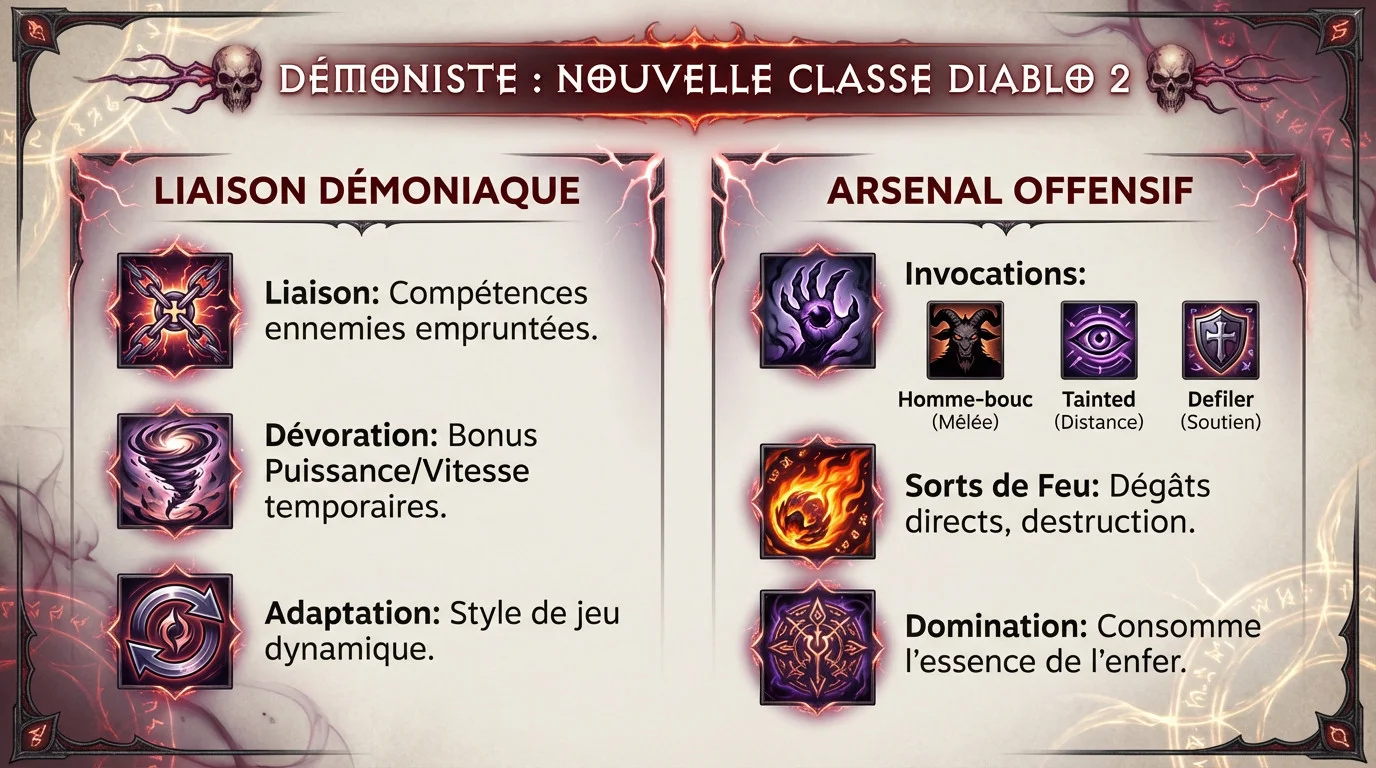 Infographie présentant le Démoniste, la nouvelle classe de l'extension Reign of the Warlock pour Diablo 2 Resurrected
