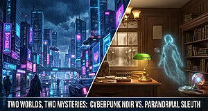 Image divisée montrant une ville cyberpunk néon et un bureau d'enquêteur paranormal avec un fantôme. Texte: "Deux mondes, deux mystères".